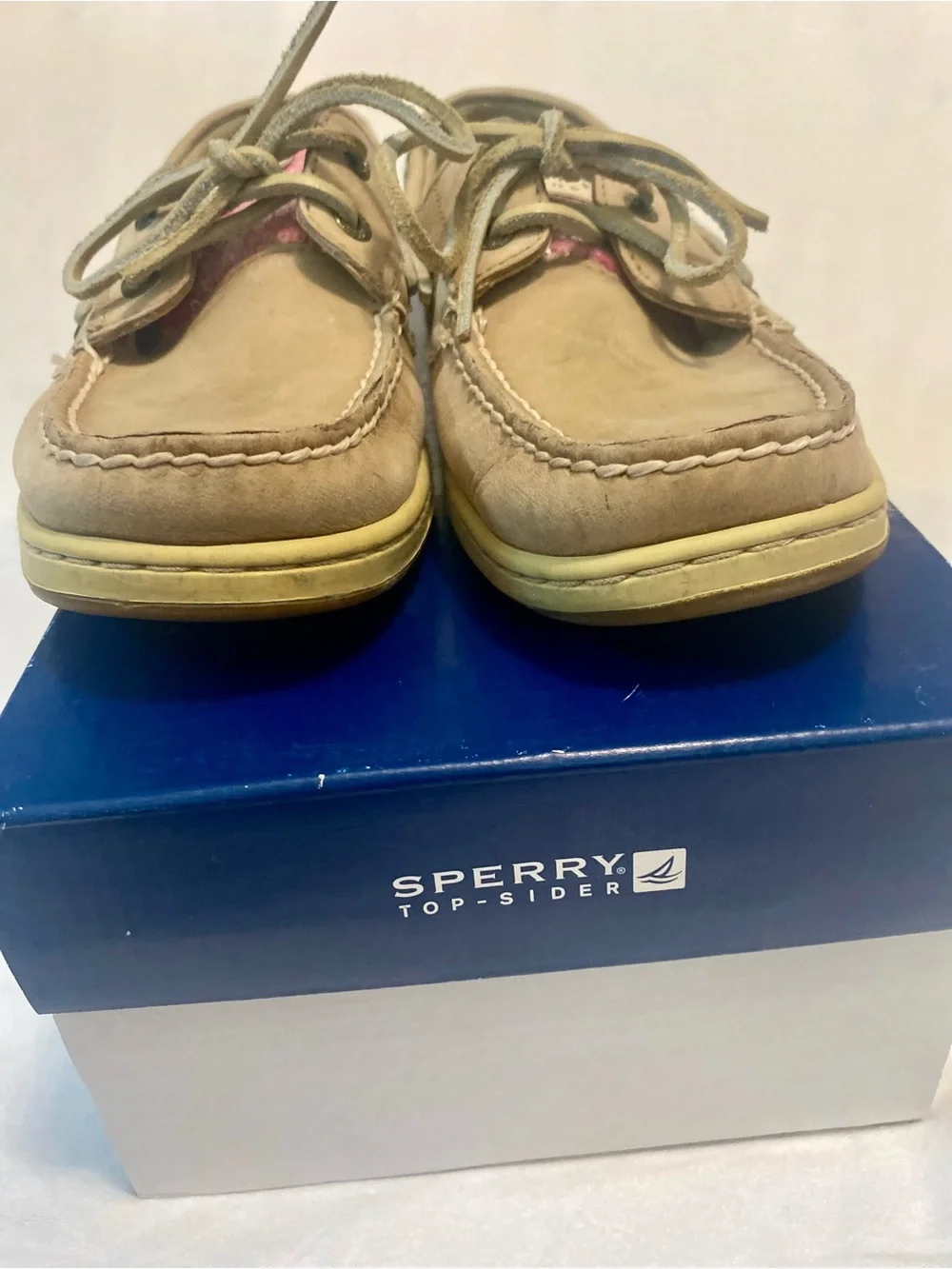 Sperry Bluefish Linen Rose Plaid Sequin Tan & Pink Leather Sequin Boat Shoes 9
